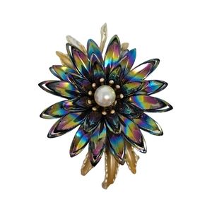 Vintage Flower Brooch Pin Shiny Oil Slick Rainbow Tones Gold Tone Faux Pearl